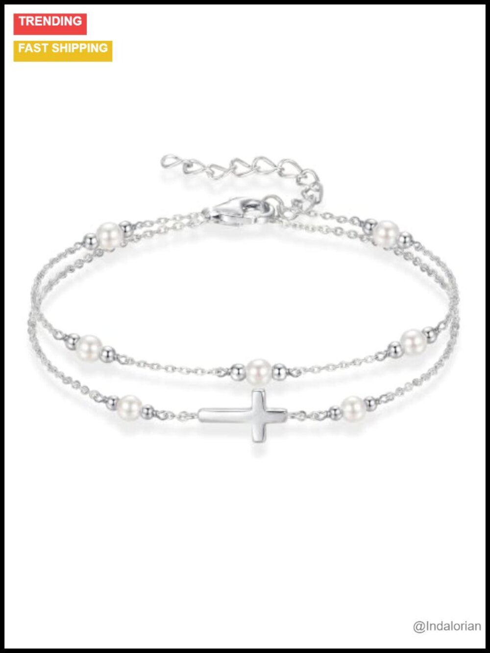 18K Gold Plated Pearl Cross Bracelet Women Adjustable Dainty Stackable